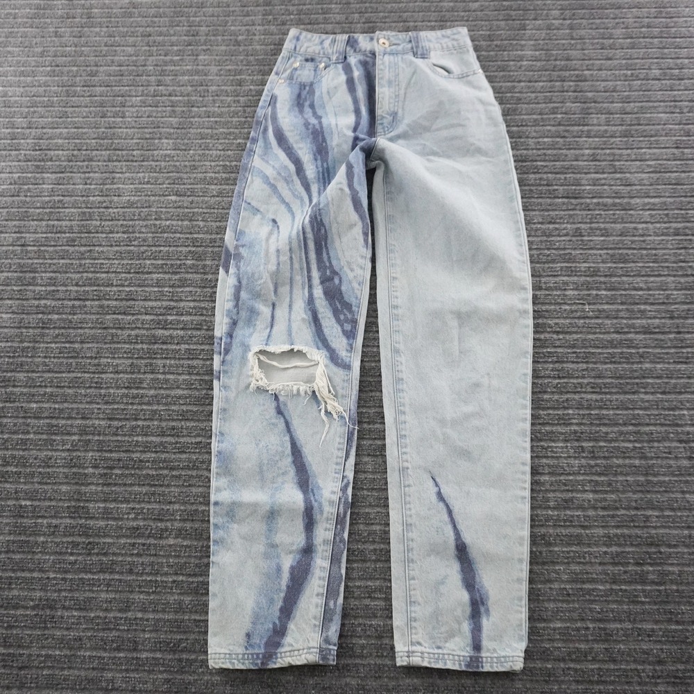 Maniere De Voir Straight Leg Jeans Womens 6 Light Blue Marble Distressed Knee